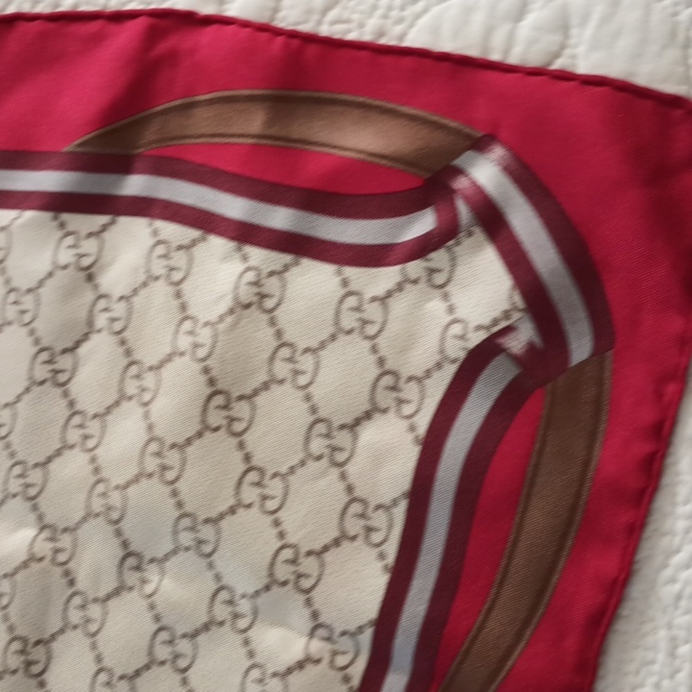 Gucci Red/Burgundy and Brown Patterned Silk Scarf Square Luxury Logo Equestrian - Picture 8 of 9